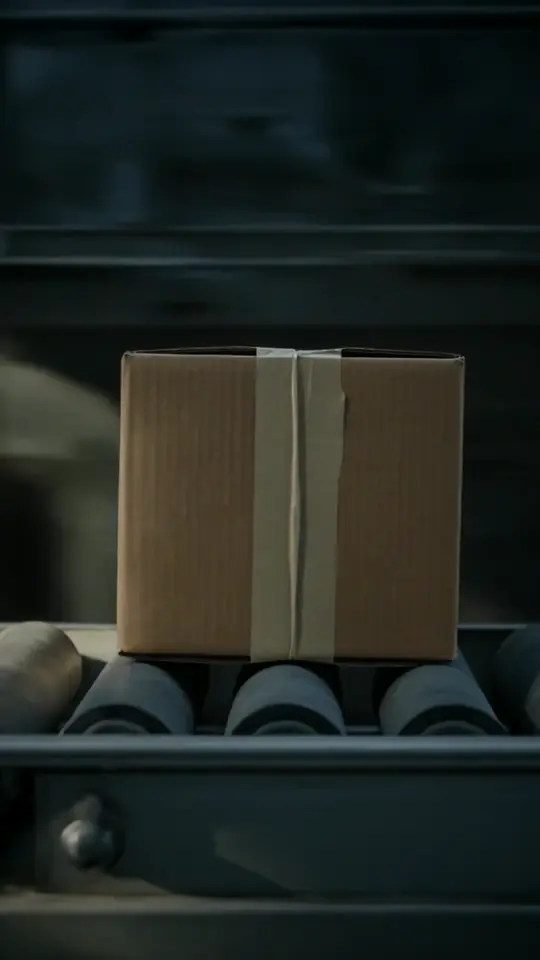 A taped cardboard box on rollers, from one of the ten films
