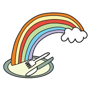 A rainbow landing on a plate, with a fork and knife.