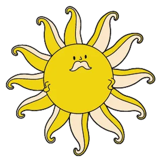 A smiling sun with a curly moustache.