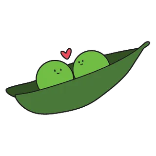Two smiling peas in a pod, with a small heart.