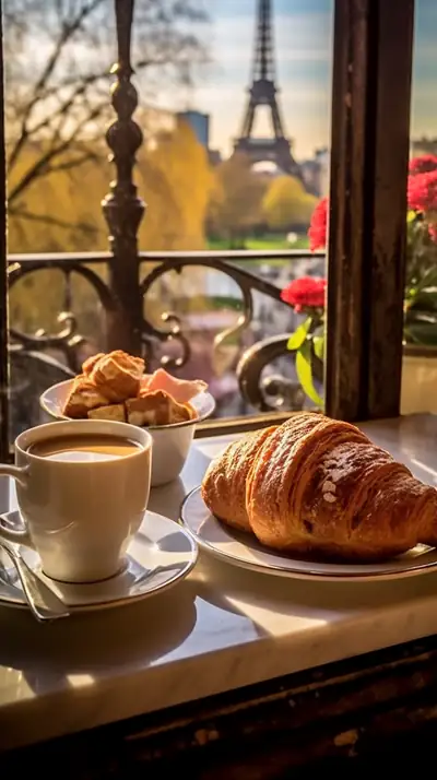 A Paris breakfast by the window: croissant, coffee, the tower outside.