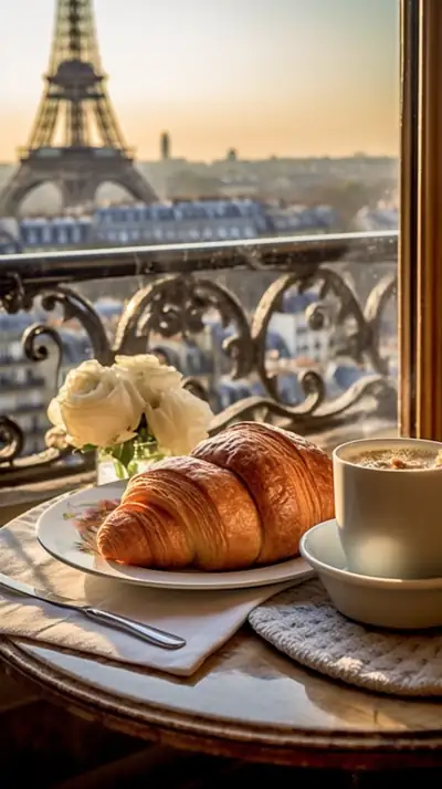 A Paris breakfast by the window: croissant, coffee, the tower outside.