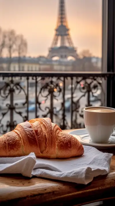 A Paris breakfast by the window: croissant, coffee, the tower outside.