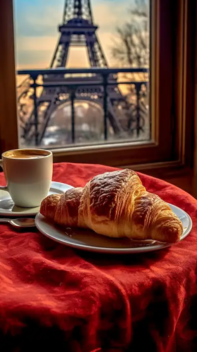 A Paris breakfast by the window: croissant, coffee, the tower outside.