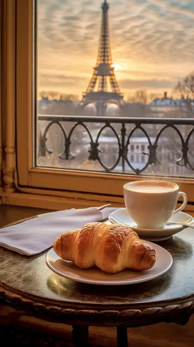 A Paris breakfast by the window: croissant, coffee, the tower outside.