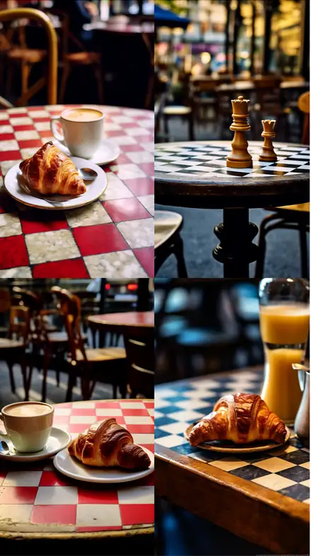 Penrose triangle: four café croissant scenes in a two by two grid.