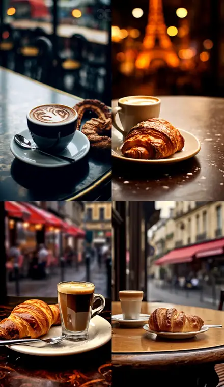 Dragon illusion: four café croissant scenes in a two by two grid.