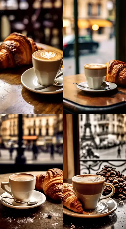 Ebbinghaus illusion: four café croissant scenes in a two by two grid.