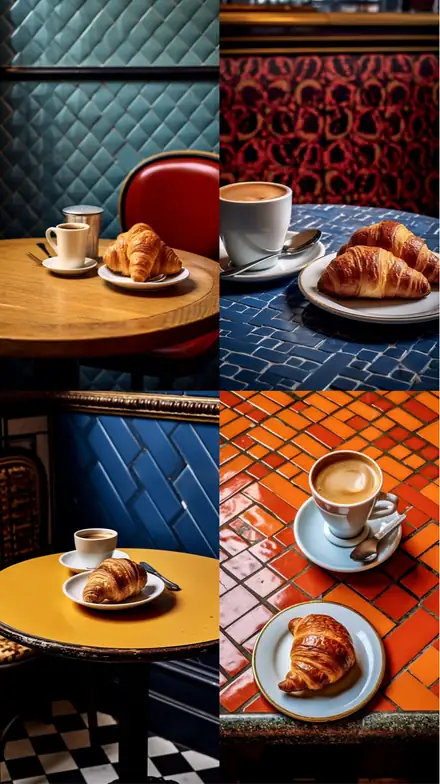 Café wall illusion: four café croissant scenes in a two by two grid.