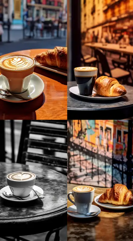 Hermann grid: four café croissant scenes in a two by two grid.