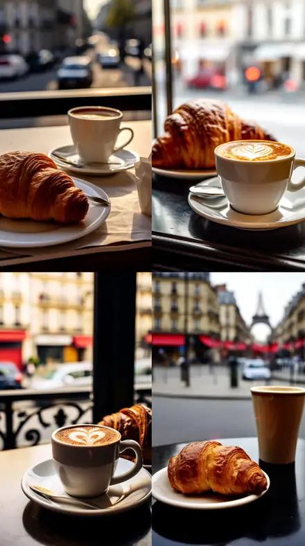 Wundt illusion: four café croissant scenes in a two by two grid.