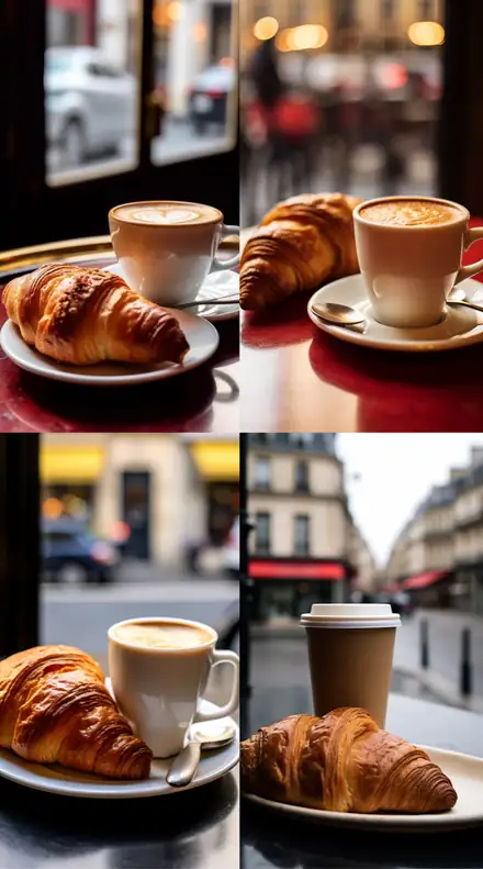 Müller-Lyer illusion: four café croissant scenes in a two by two grid.