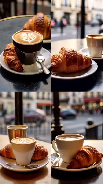Kanizsa triangle: four café croissant scenes in a two by two grid.