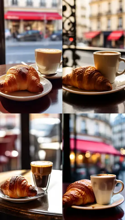 Jastrow illusion: four café croissant scenes in a two by two grid.