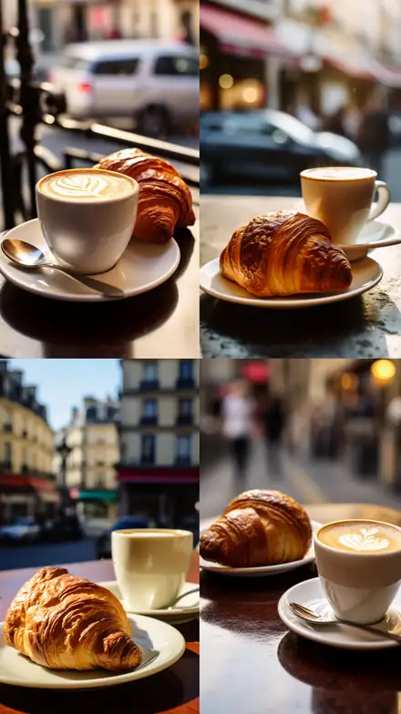 Illusory contours: four café croissant scenes in a two by two grid.