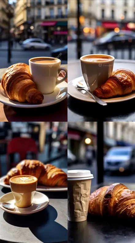 Hering illusion: four café croissant scenes in a two by two grid.