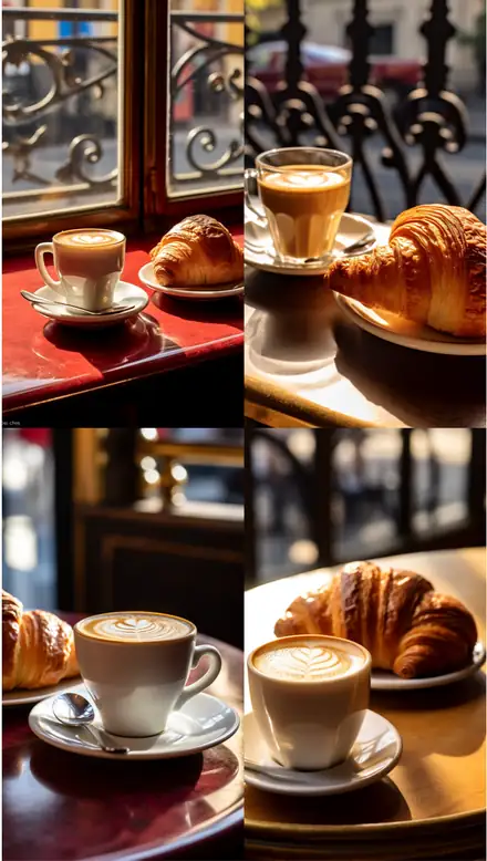 Ponzo illusion: four café croissant scenes in a two by two grid.