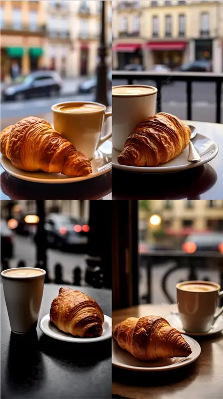 Emmert’s law: four café croissant scenes in a two by two grid.