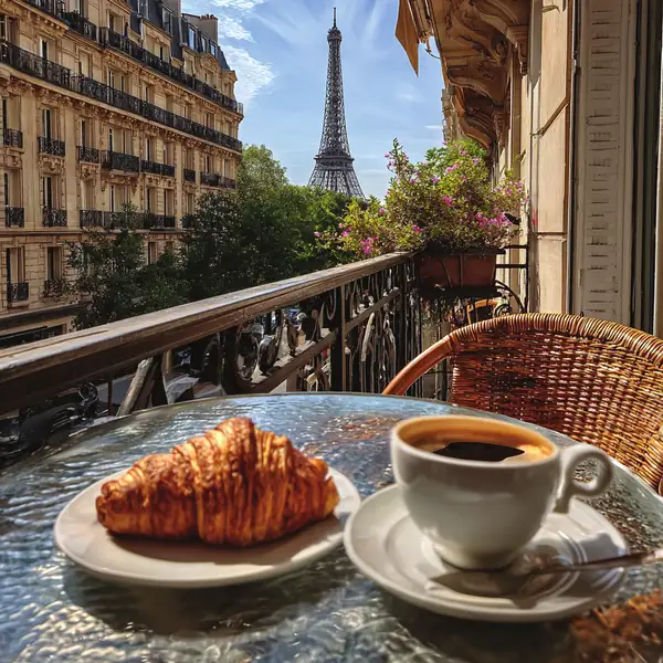 The Paris breakfast in Alpha mode: a croissant and a coffee, the tower in the distance.