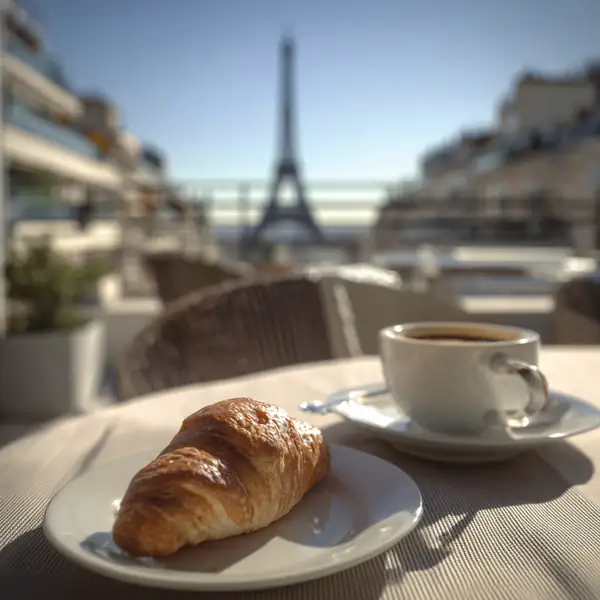 The Paris breakfast in Beta mode: a croissant and a coffee, the tower in the distance.