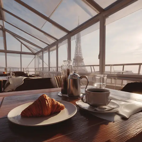 The Paris breakfast in Delta mode: a croissant and a coffee, the tower in the distance.