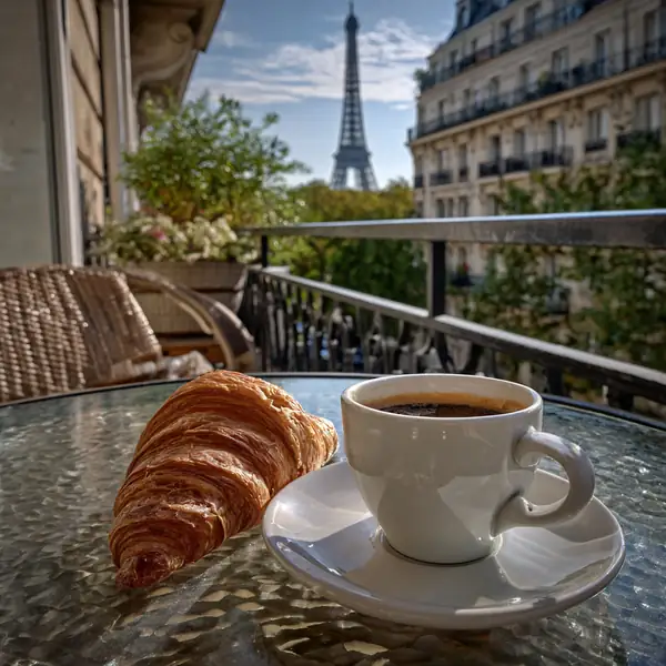 The Paris breakfast in Epsilon mode: a croissant and a coffee, the tower in the distance.