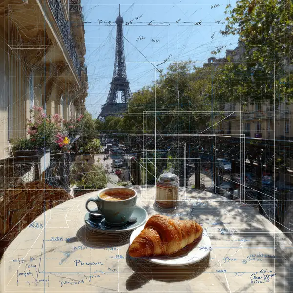 The Paris breakfast in Eta mode: a croissant and a coffee, the tower in the distance.