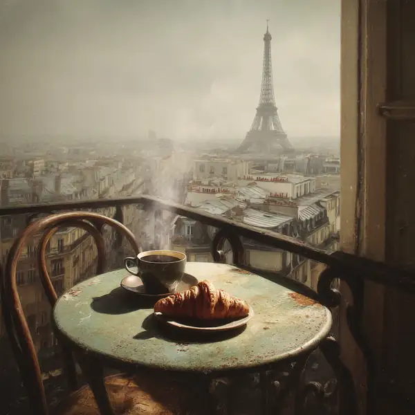 The Paris breakfast in Gamma mode: a croissant and a coffee, the tower in the distance.