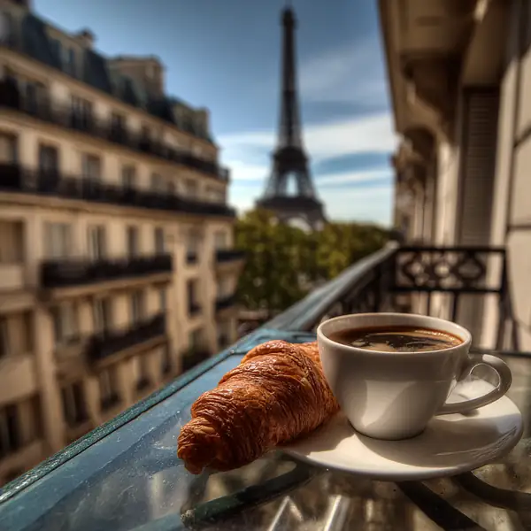 The Paris breakfast in Iota mode: a croissant and a coffee, the tower in the distance.