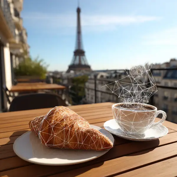 The Paris breakfast in Kappa mode: a croissant and a coffee, the tower in the distance.