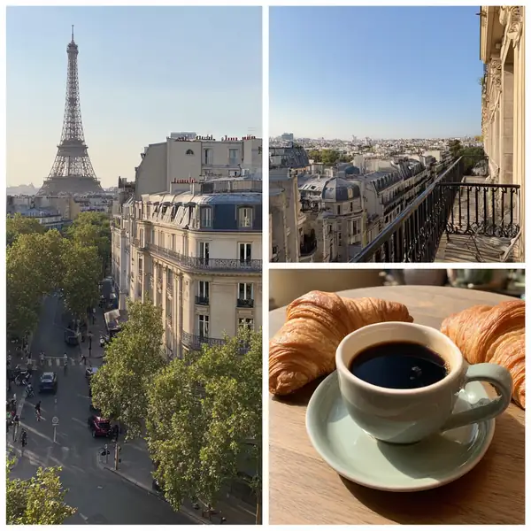 The Paris breakfast in Lambda mode: a croissant and a coffee, the tower in the distance.