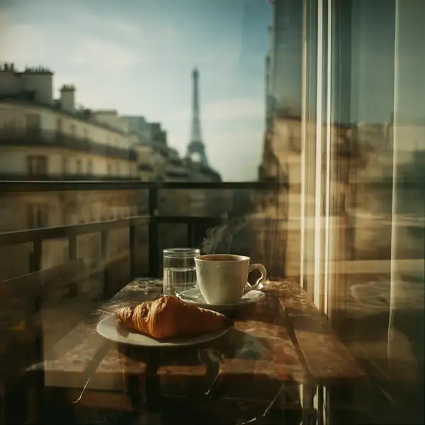 The Paris breakfast in Theta mode: a croissant and a coffee, the tower in the distance.