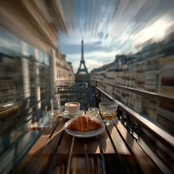 The Paris breakfast in Zeta mode: a croissant and a coffee, the tower in the distance.