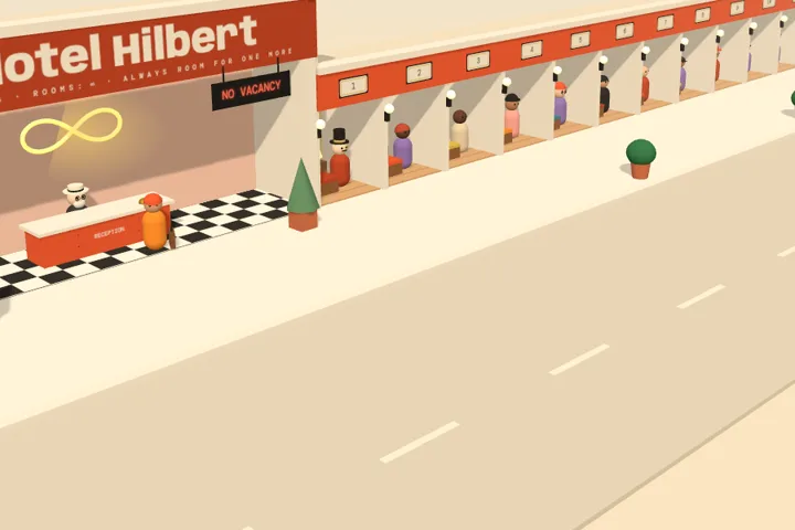 A drawn-looking 3D hotel corridor: numbered rooms 1, 2, 3 and on, every one taken, beside a lobby sign that says No vacancy.