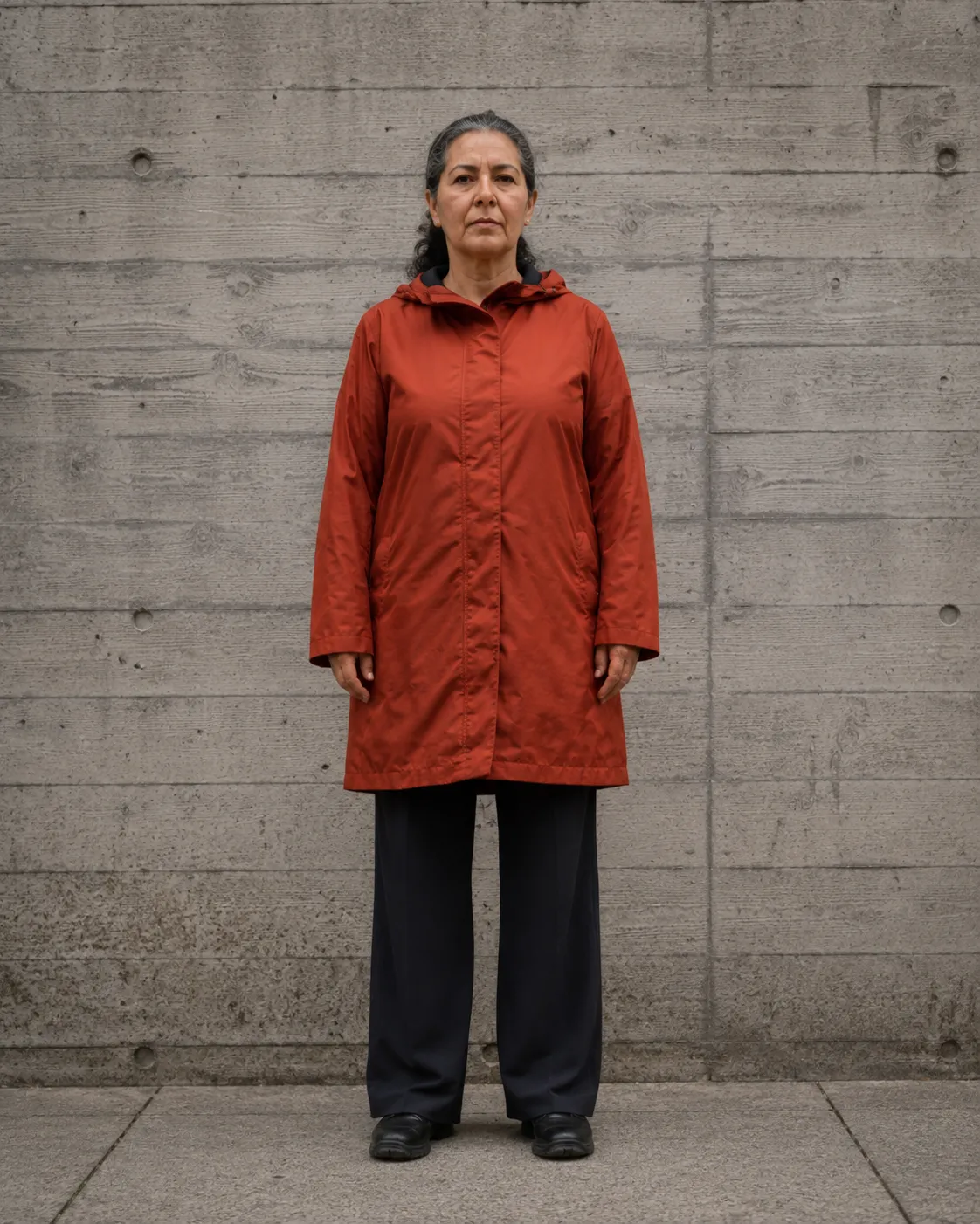 Woman in a red coat photographed head-on at eye level against a concrete wall