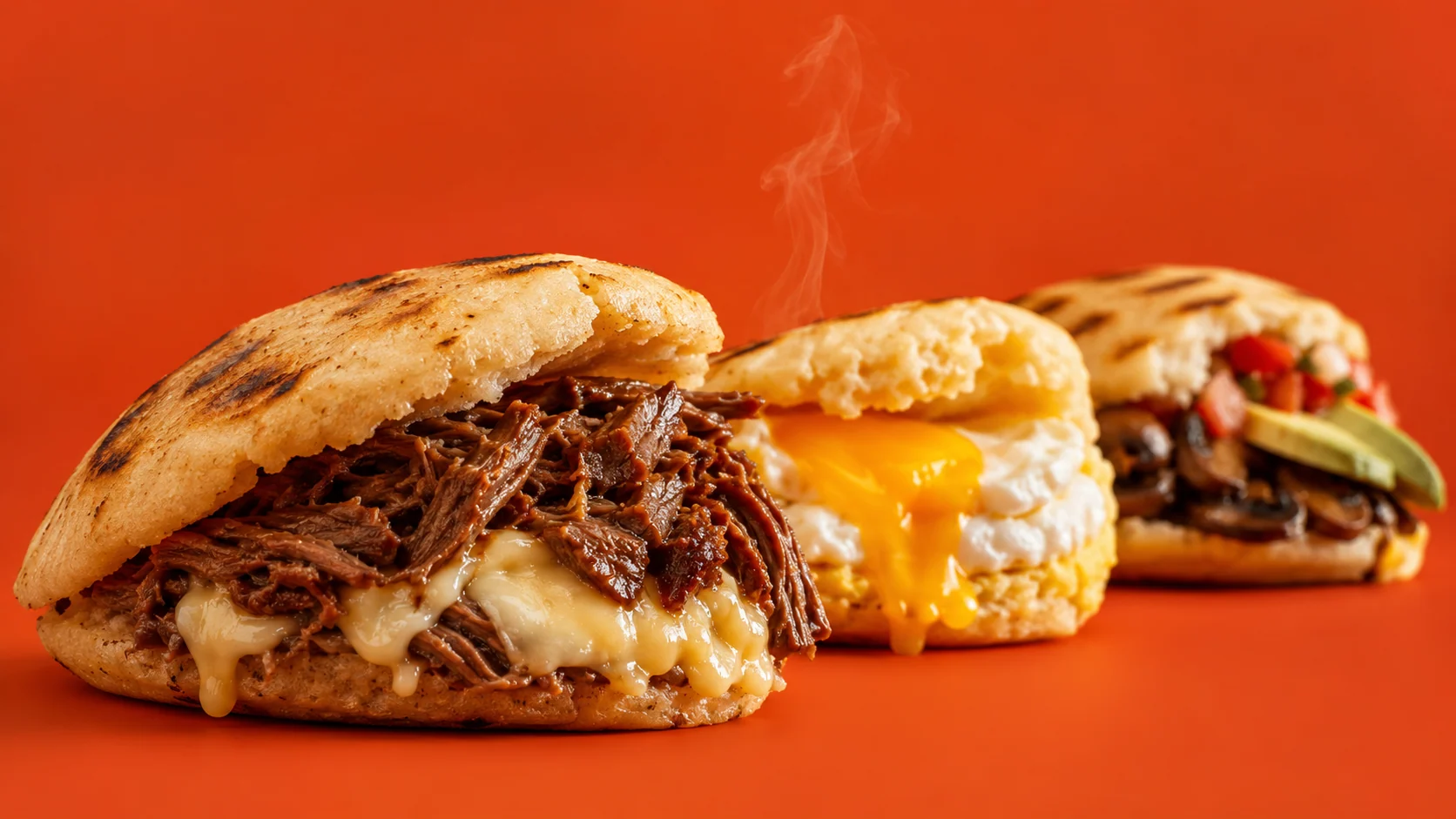Warm orange advertising-style composition featuring filled arepas