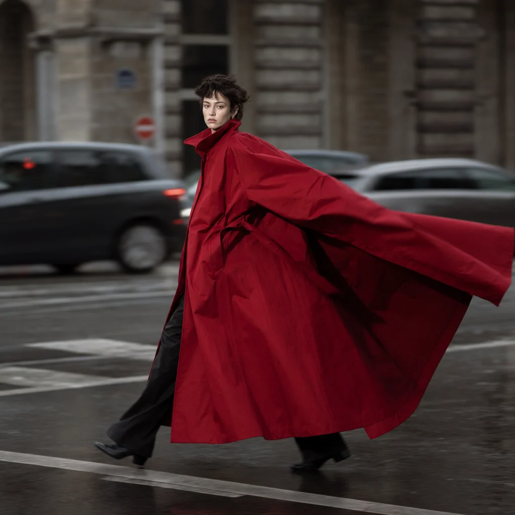 A figure in a flowing red coat crossing a city street