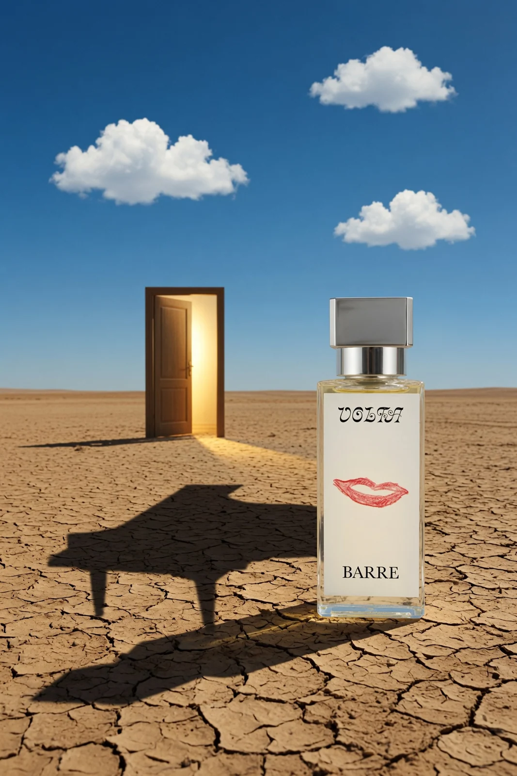 Perfume bottle in a surreal desert composition with a door and unexpected shadows