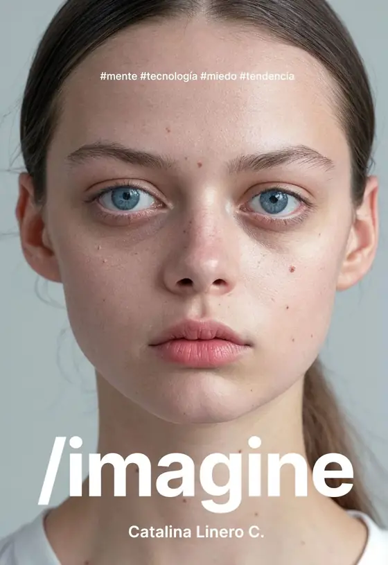 The book cover: a frontal portrait of a young woman, the title /imagine, the name Catalina Linero C. and the tags #mente #tecnología #miedo #tendencia.
