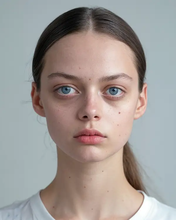 A young woman with her hair pulled back and blue eyes, in a white t-shirt against a grey background, looking at the camera.