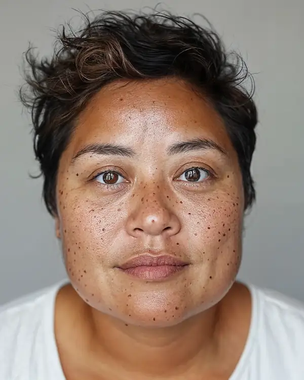 A woman with short dark hair and freckles, in a white t-shirt against a grey background, looking at the camera.