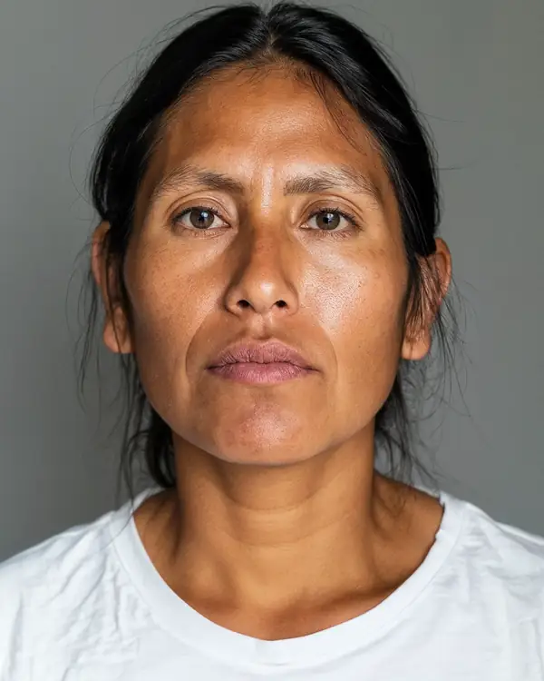 A woman with long black hair tied back, in a white t-shirt against a grey background, looking at the camera.