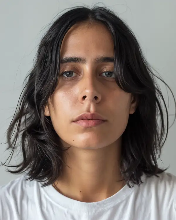 A young woman with shoulder-length black hair, in a white t-shirt against a grey background, looking at the camera.