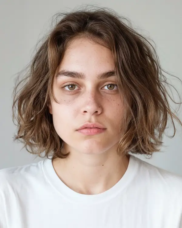 A young woman with wavy light-brown hair, in a white t-shirt against a grey background, looking at the camera.