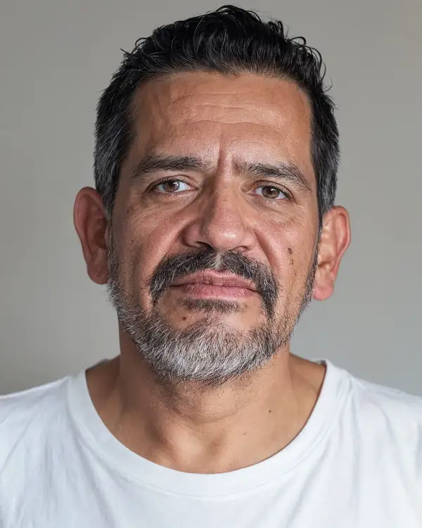 A man with short black hair, a moustache and a greying beard, in a white t-shirt against a grey background.