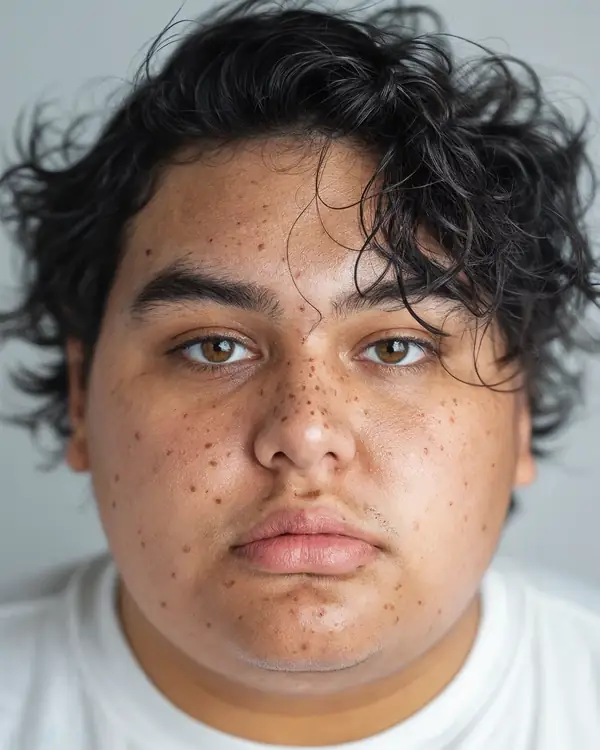 A young man with curly black hair and freckles, in a white t-shirt against a grey background, looking at the camera.