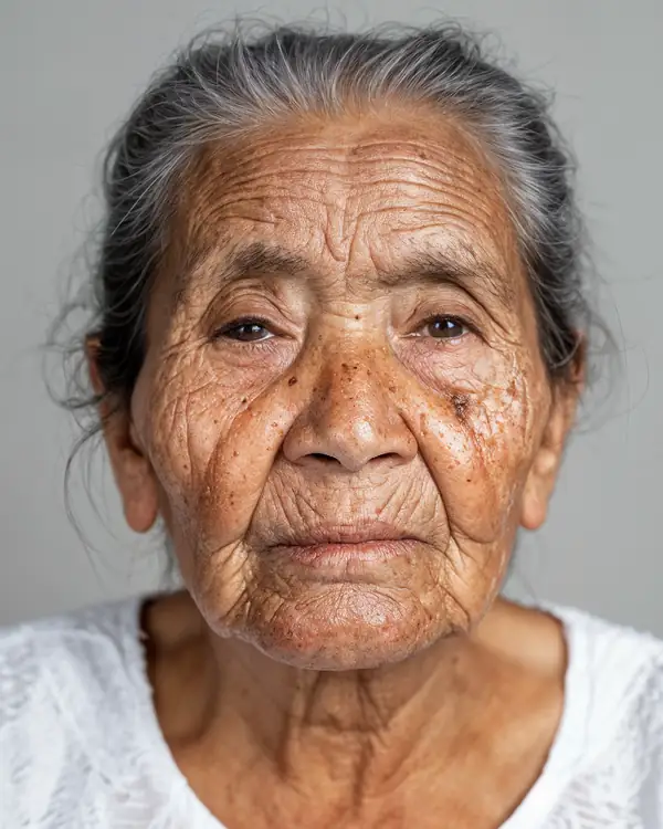 An older woman with grey hair pulled back, in a white lace top against a grey background, looking at the camera.