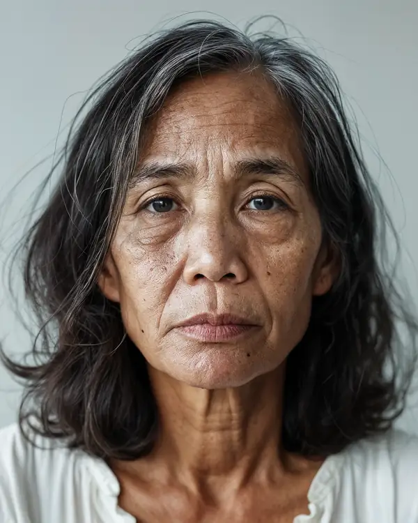 A woman with long dark hair streaked with grey, in a white top against a grey background, looking at the camera.