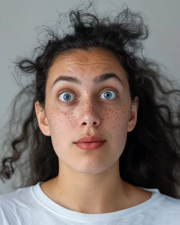 A young woman with long curly dark hair, freckles and blue eyes wide open, in a white t-shirt against a grey background.