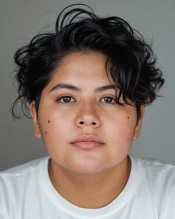 A person with short wavy black hair, in a white t-shirt against a grey background, looking at the camera.